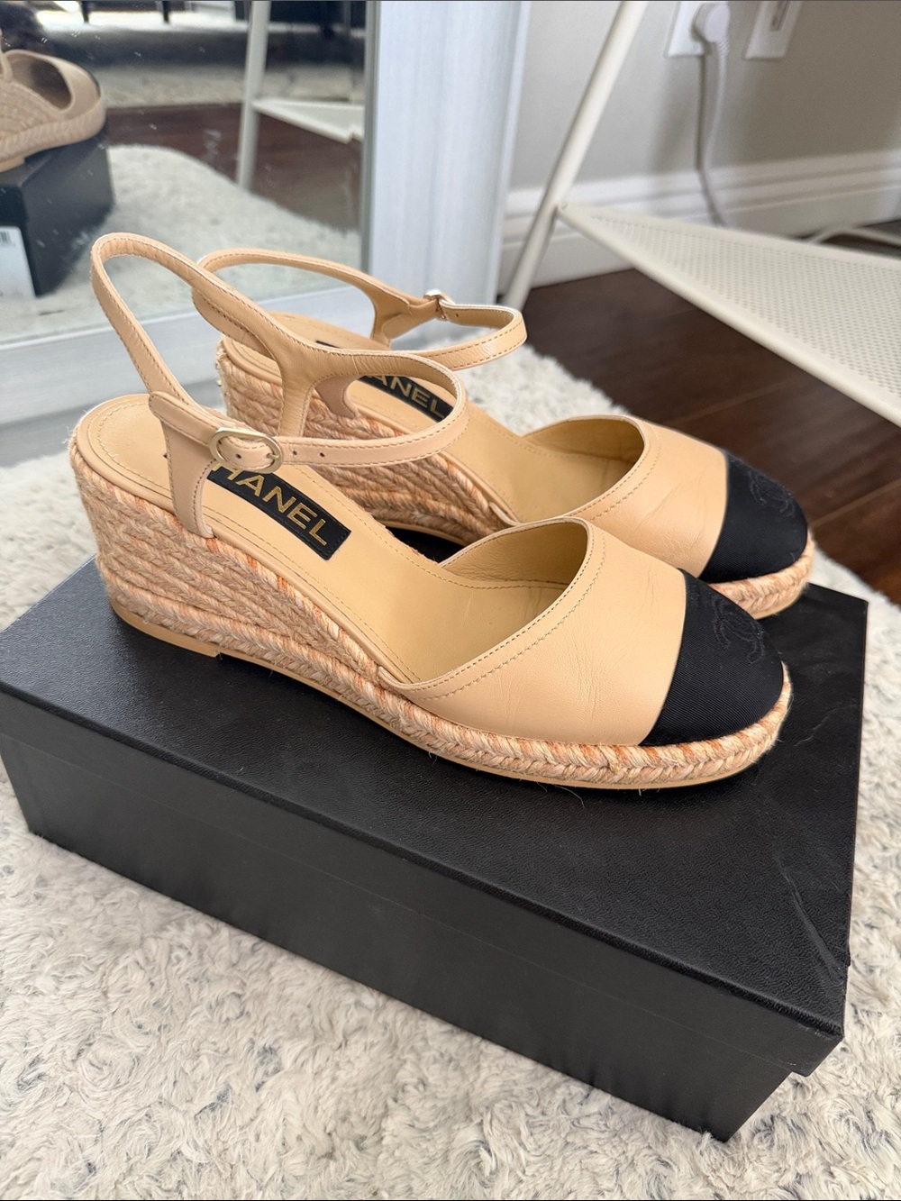 CHANEL Espadrilles Sandals Black Beige Wedge CC Captoe